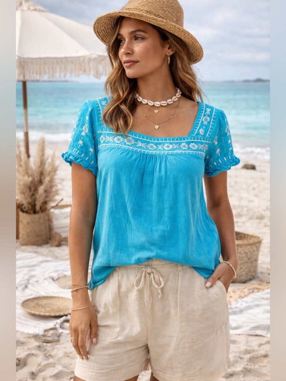Tantrums Blue Embroidered Boho Peasant Top Size Small